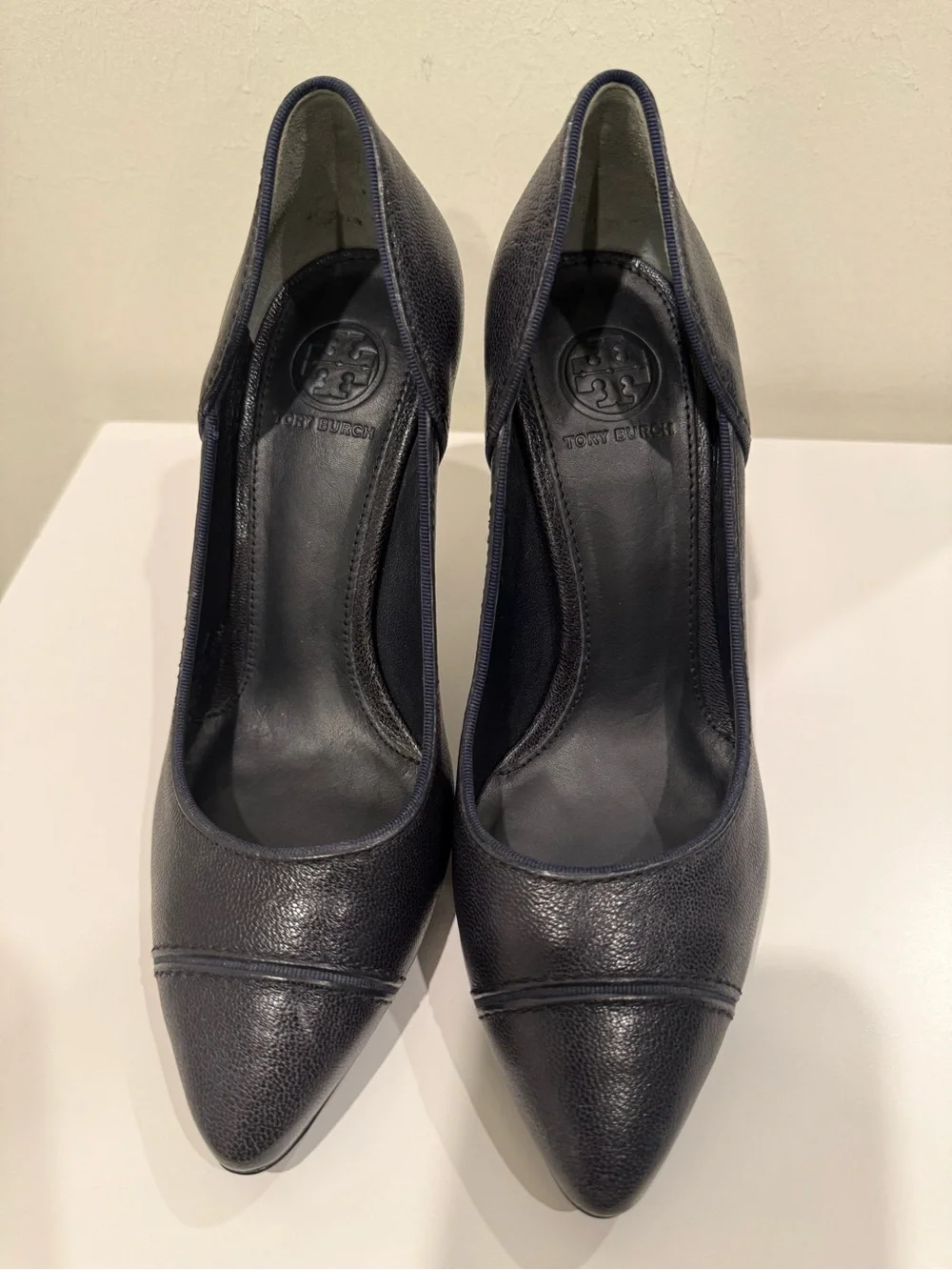 Tory Burch Dark Navy Pointed-Toe Leather Pumps